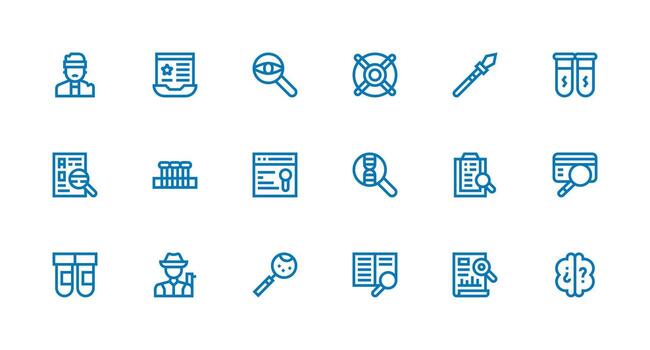Investigation Design Icons featuring 18 in Strong Stroke Line Style Neatly Designed Icons for Web Platforms vector