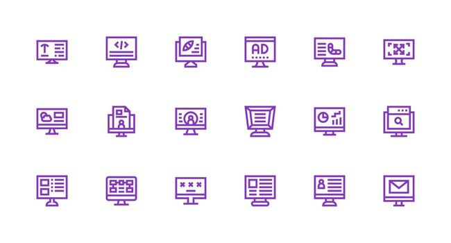 18 fuerte carrera línea estilo íconos desde computadora pantalla colección moderno icono conjunto vector
