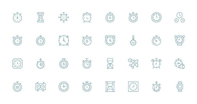 Delgado línea íconos desde cronógrafo conjunto con 32 vectores esencial íconos para rápido ui edificio