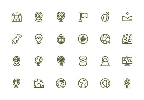 Geography Design Icons featuring 24 in Thick Line Line Style Essential Icons for Rapid UI Building vector