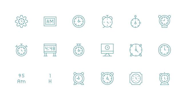 Digital Clock Icon Set with 18 Minimal Line Graphics General Use Icon Pack vector