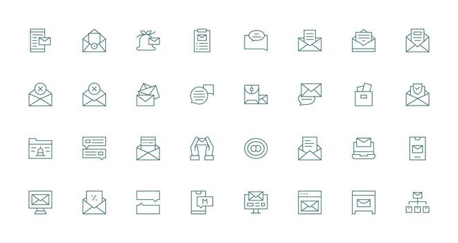 Delgado línea íconos desde bandeja de entrada conjunto con 32 vectores ordenado icono conjunto
