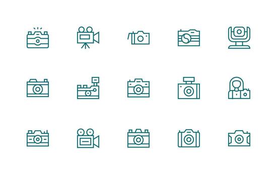 Digital Camera Icon Collection with 15 Regular Line Designs Simplified Icon Pack for Visual Tools vector