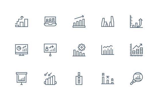 15 Bar Graph Icons in Regular Line Aesthetic Layout Icon Collection vector