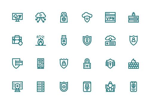 Cybersecurity Icon Set with 24 Thick Line Line Graphics Quick Access Icons for UI Development vector