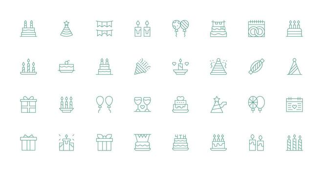 32 íconos para aniversario en Delgado línea formato píxel Perfecto íconos para moderno aplicaciones vector