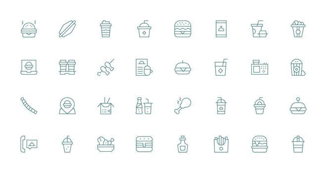 Fast Food featuring 32 Icons in Thin Line Design Core Icon Collection for Daily Tasks vector
