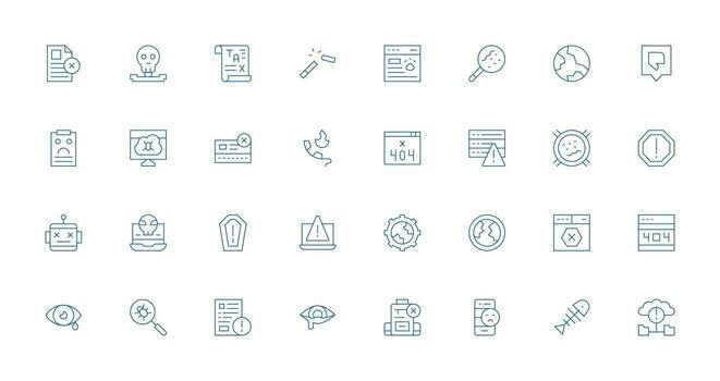 Delgado línea íconos desde error conjunto con 32 vectores diseño icono paquete
