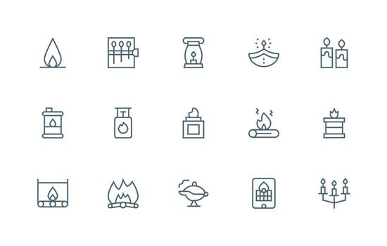Flame Design Icons featuring 15 in Regular Line Style General Use Icon Pack vector