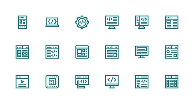18 Html Icons in Strong Stroke Line Aesthetic Responsive Icon Set for Flexible Layouts vector