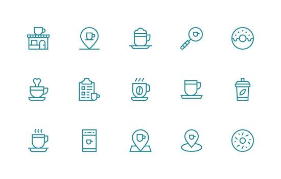 Coffee Shop Design Icons featuring 15 in Regular Line Style Fully Editable Icon Set for Web vector