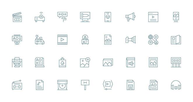 Media featuring 32 Icons in Thin Line Design Interface Icon Collection for Daily Projects vector