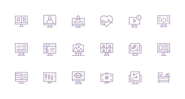 Monitor Icon Set with 18 Minimal Line Graphics Light Icon Series vector