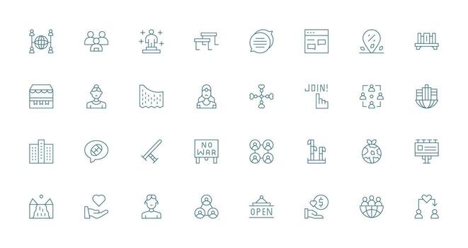 comunidad icono conjunto con 32 Delgado línea gráficos de múltiples fines icono paquete para plantillas vector