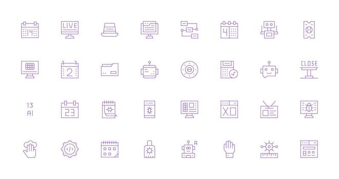 programa incluso 32 Delgado línea ilustraciones todas dispositivo compatible icono conjunto vector