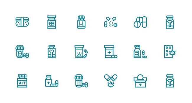 Pills Design Icons featuring 18 in Strong Stroke Line Style Clear and Concise Icon Set Collection vector
