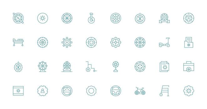 Wheel Icon Set with 32 Thin Line Graphics Fully Editable Icon Set for Web vector