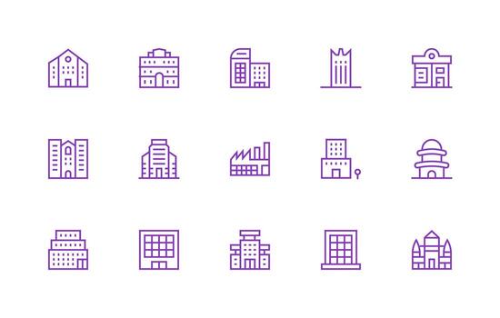 Modern Building featuring 15 Icons in Regular Line Design Scalable Icons for All Themes vector