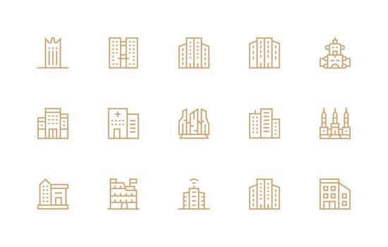 15 Icons for HighRise in Regular Line Format Lightweight Icon Series vector