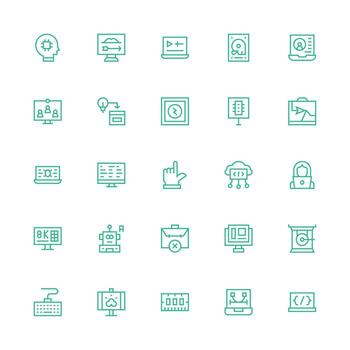 computadora presentando 25 íconos en medio carrera contorno diseño tablero icono serie vector