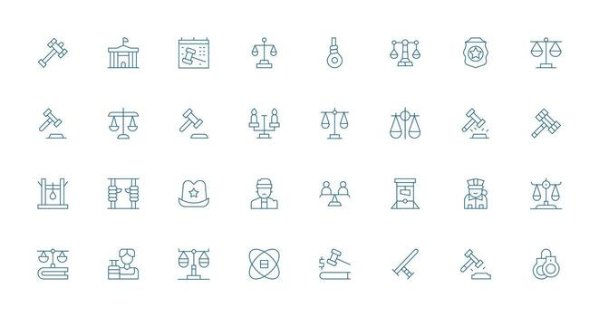 Justice Icon Set with 32 Thin Line Graphics Full Icon Library for UI Designers vector