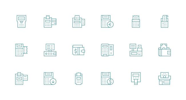 Cash Register Design Icons featuring 18 in Minimal Line Style Customizable Icon Series for Mobile Screens vector
