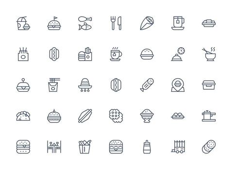 Lunch Visual Pack containing 35 Regular Clean Line Icons Scalable Icons for Cross-Platform Interfaces vector