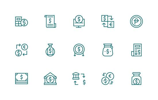 Dólar estadounidense diseño íconos presentando 15 en regular línea estilo icono paquete para ui vector