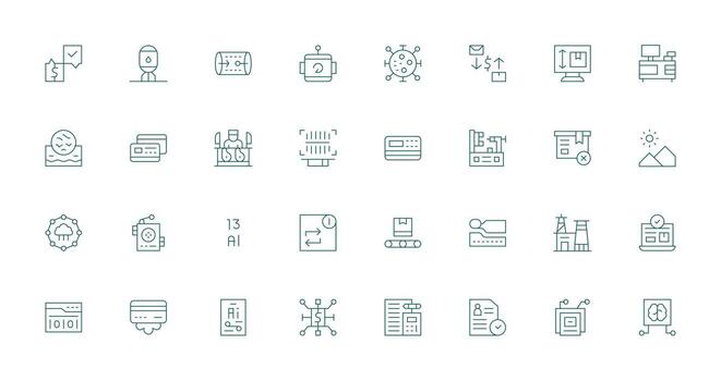 Procesando presentando 32 íconos en Delgado línea diseño inteligente icono colección vector
