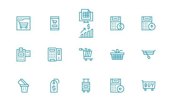 Checkout Icon Collection with 15 Regular Line Designs Icon Pack for Various Themes vector