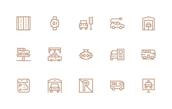 Regular Line Style Automobile Icons with 15 Vectors Icon Set for Web