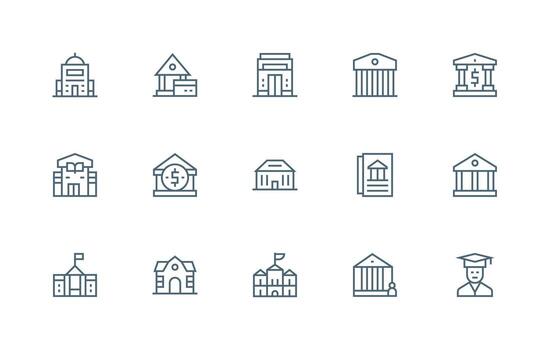 institución presentando 15 íconos en regular línea diseño de múltiples fines icono conjunto vector