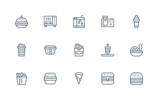 Fast Food Design Icons featuring 15 in Regular Line Style Clean Icon Set Icon Pack for UI Projects vector