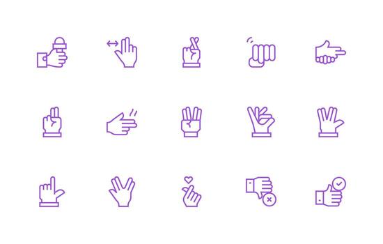 Hand Gesture Design Icons featuring 15 in Regular Line Style Reusable Icon Set vector