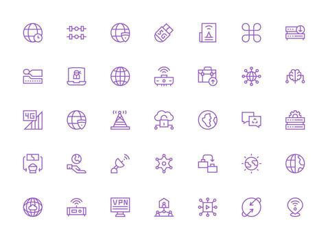 Network Design Icons featuring 35 in Regular Clean Line Style Simplified Icon Pack for Visual Tools vector