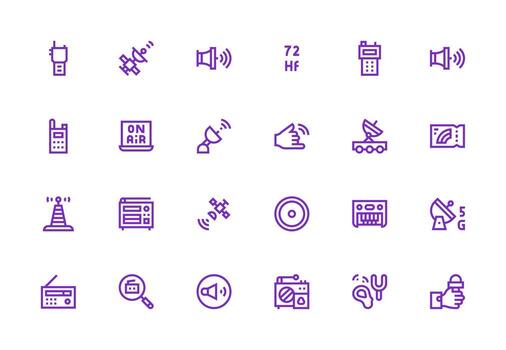 radio presentando 24 íconos en grueso línea línea diseño limpiar icono colección para web utilizar vector