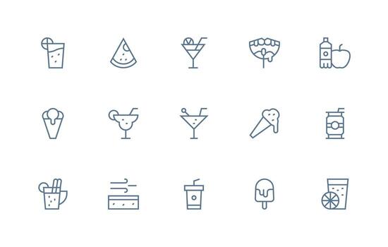 Refreshment featuring 15 Icons in Regular Line Design Complete Icon Bundle for Web Design vector