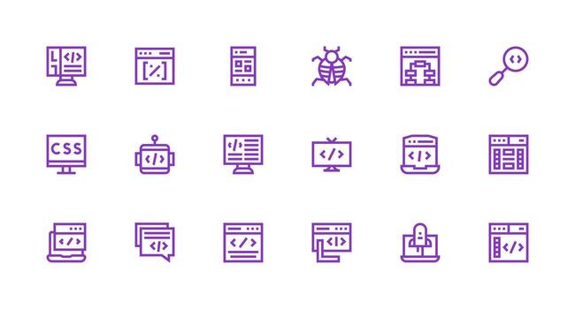 18 fuerte carrera línea estilo íconos desde codificación colección plano icono conjunto vector