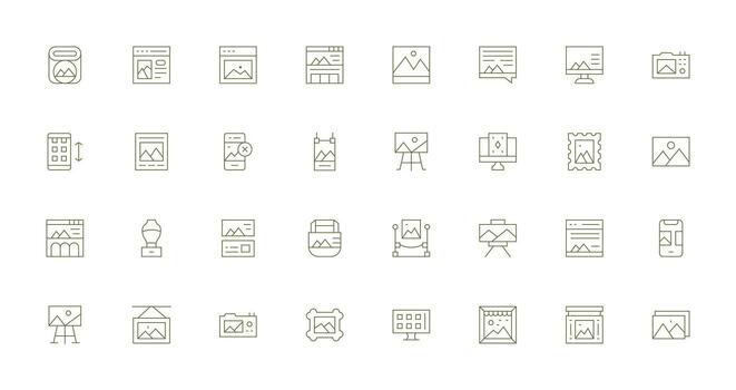 32 Thin Line Icons for Gallery Graphics Clear and Concise Icon Set Collection vector