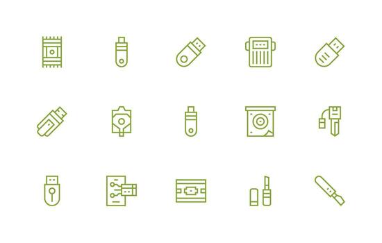 Flash Drive featuring 15 Icons in Regular Line Design Responsive Icon Set for Flexible Layouts vector