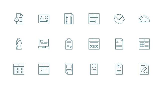 18 modelo íconos en mínimo línea estético íconos construido para visual consistencia paquete vector