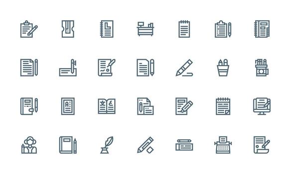 escritura conjunto con 28 negrita línea íconos personalizable icono serie para móvil pantallas vector