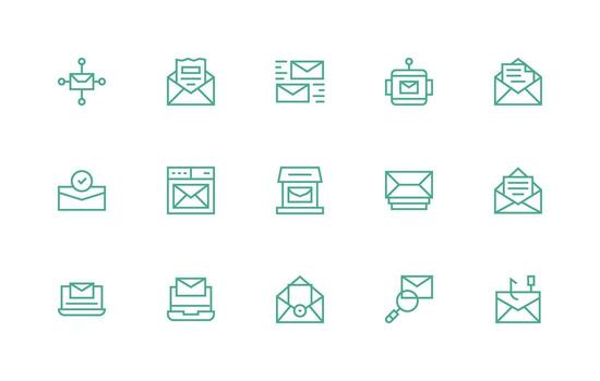Digital Mail Design Icons featuring 15 in Regular Line Style Web and App Icon Pack Collection vector