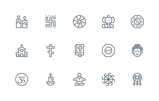 Spirituality Design Icons featuring 15 in Regular Line Style Neat Icon Set vector