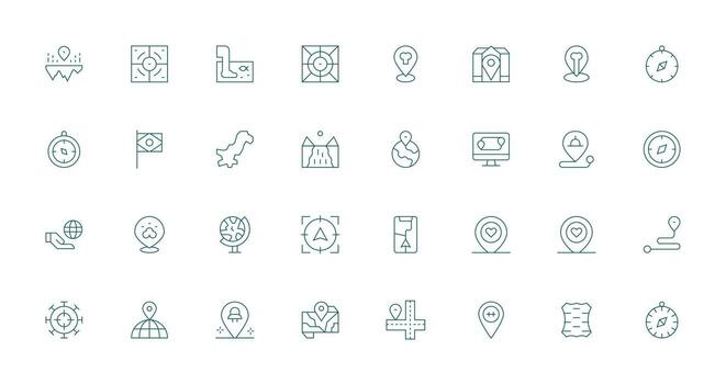 32 Thin Line Vectors for Map Theme Style Icon Set