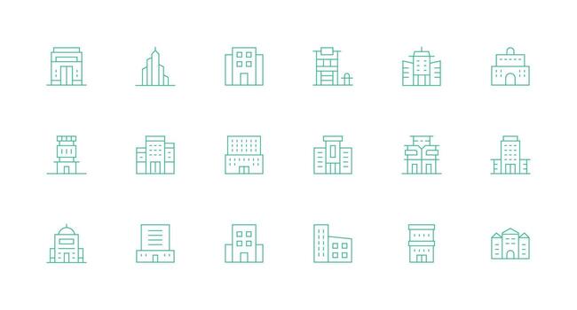 Edificio comercial conjunto con 18 mínimo línea íconos claro y conciso icono conjunto colección vector
