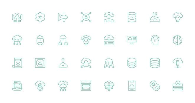 32 nube informática íconos en Delgado línea estético basado en temas icono paquete vector