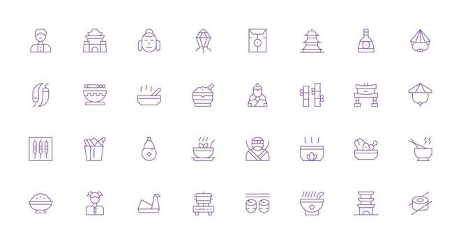 Asian Icon Set with 32 Thin Line Graphics Complete Icon Bundle for Web Design vector