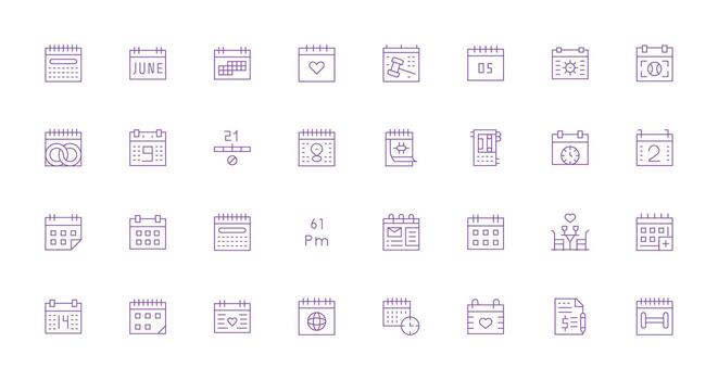 32 Date Icons in Thin Line Aesthetic Customizable Icon Series for Mobile Screens vector