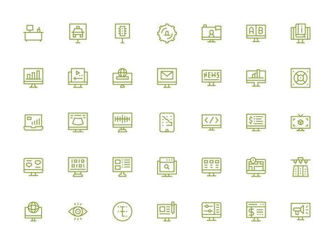 monitor presentando 35 íconos en regular limpiar línea diseño moderno icono conjunto vector